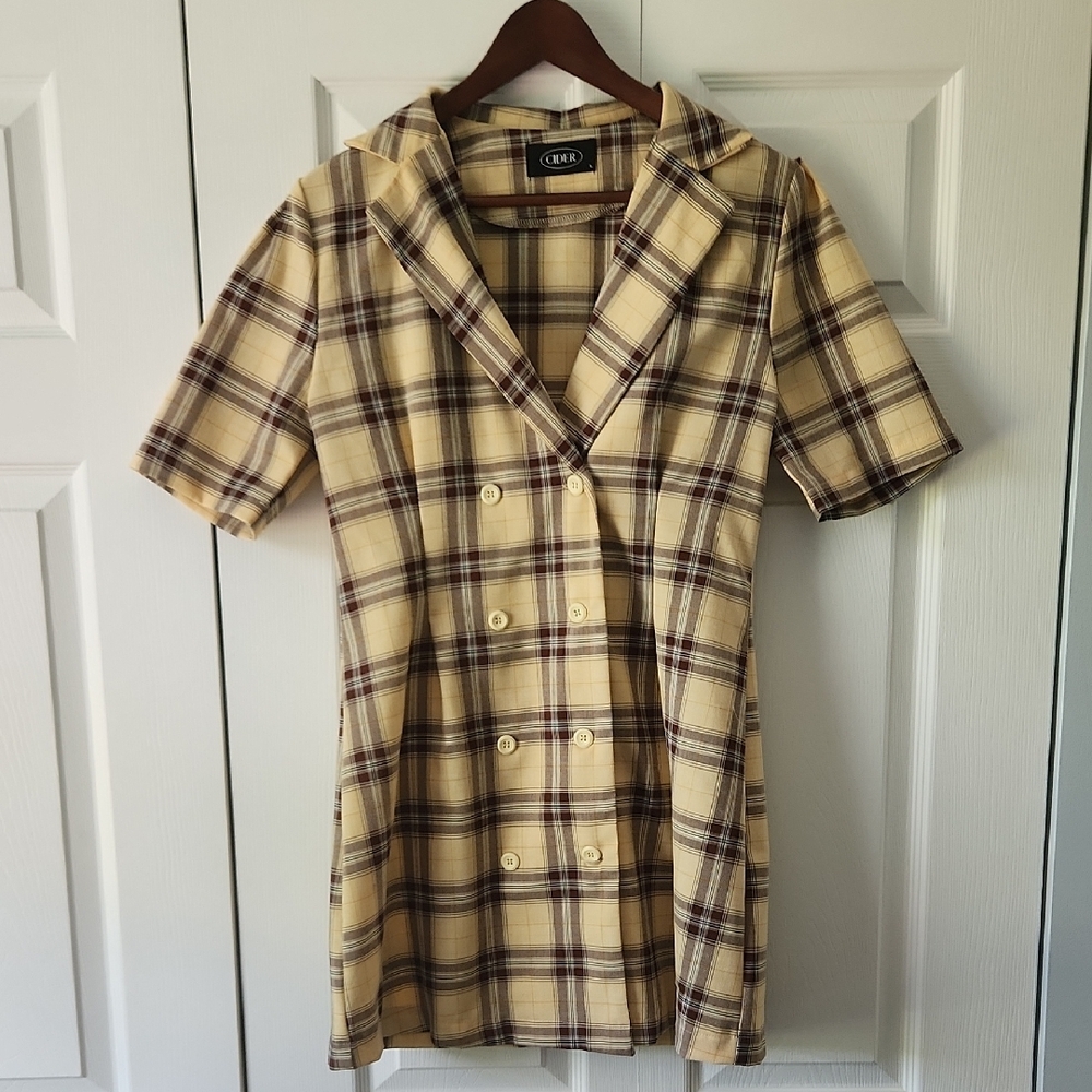 Cider Plaid Double-Breasted Dress in Yellow and Brown